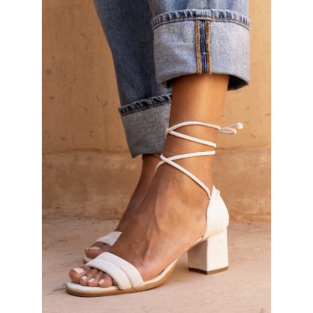 NEW Alohas Dakota Beige Sandals •41/ 10• Suede Block Heel Wrap Strappy $185